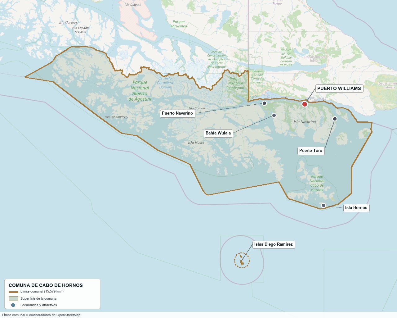 Plano de la comuna de Cabo de Hornos: límite comunal y localidades de referencia. Las islas Diego Ramírez, al sur, miden unos 10 km y se destacan con un círculo punteado