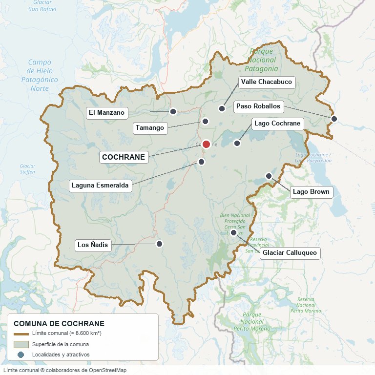Plano de la comuna de Cochrane: límite comunal y sectores de referencia