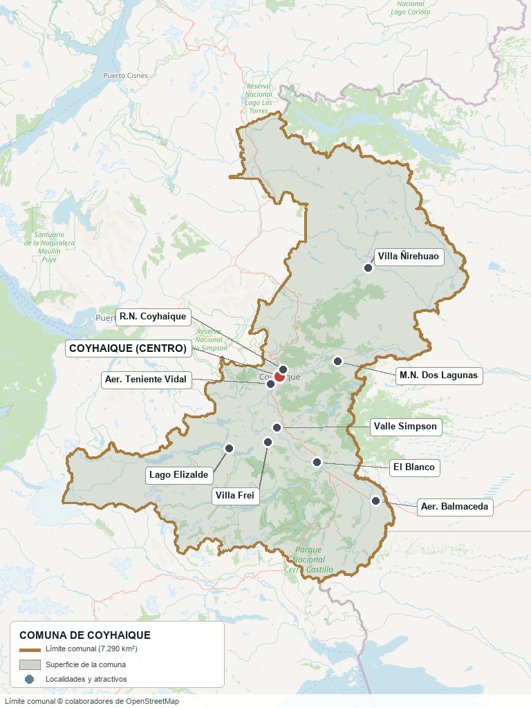 Plano de la comuna de Coyhaique: límite comunal, ciudad y sectores de referencia