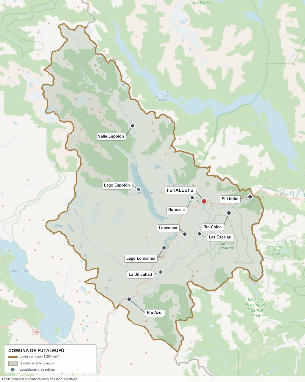 Plan de la commune de Futaleufú : limite communale, village et secteurs de référence, de la frontière avec l'Argentine jusqu'au río Azul