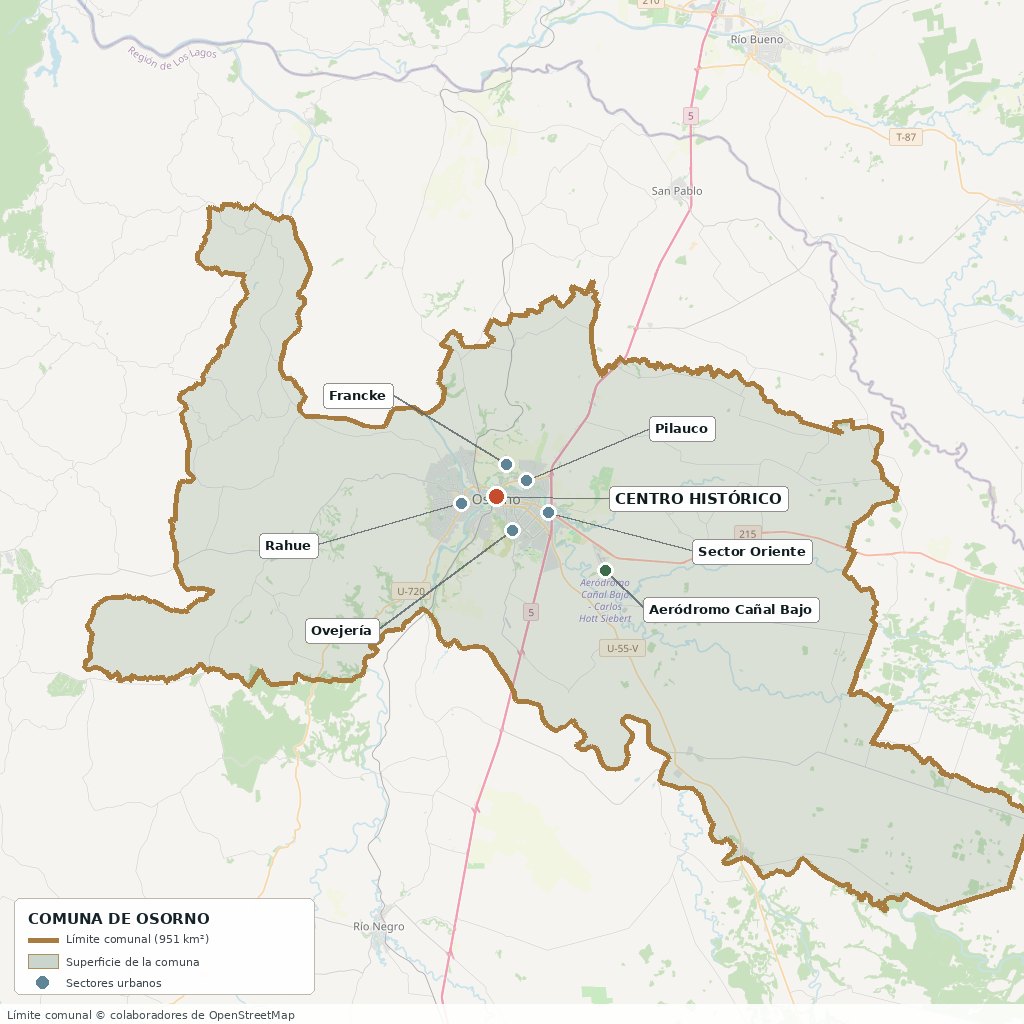 Plano de la comuna de Osorno: límite comunal, área urbana y sectores de referencia