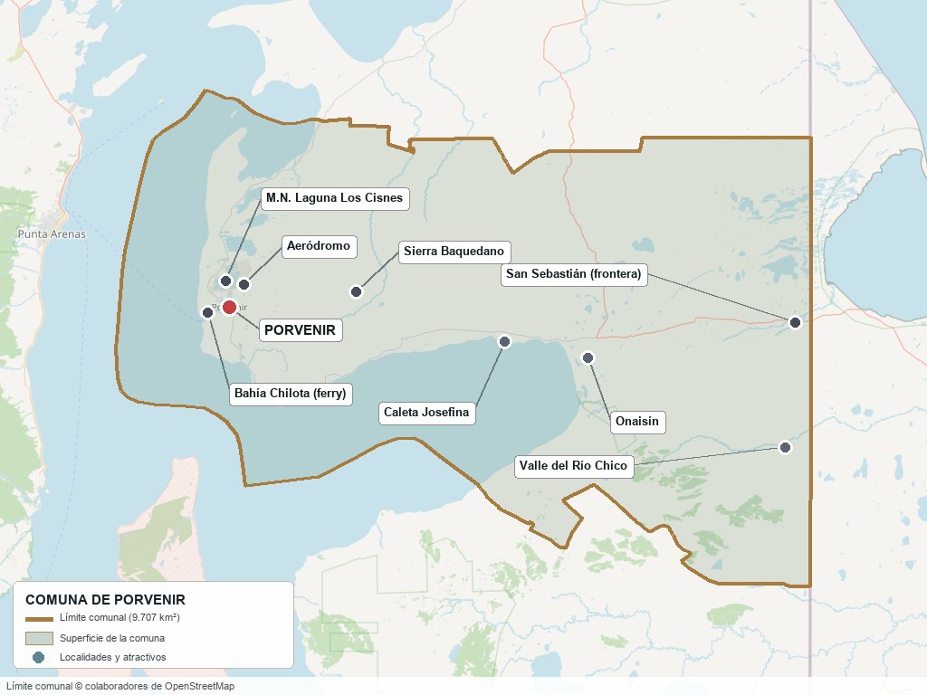 Plano de la comuna de Porvenir: límite comunal (incluye parte de la bahía Inútil y del Estrecho) y localidades de referencia, desde la costa del Estrecho hasta la frontera con Argentina
