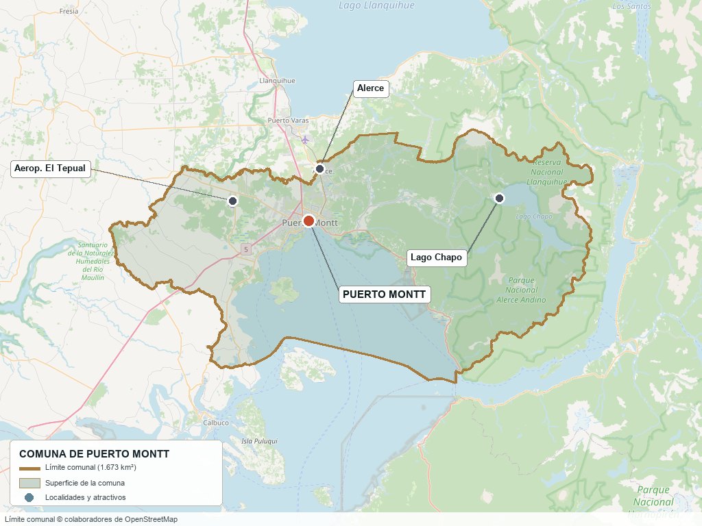 Plano de la comuna de Puerto Montt: límite comunal, área urbana y localidades de referencia