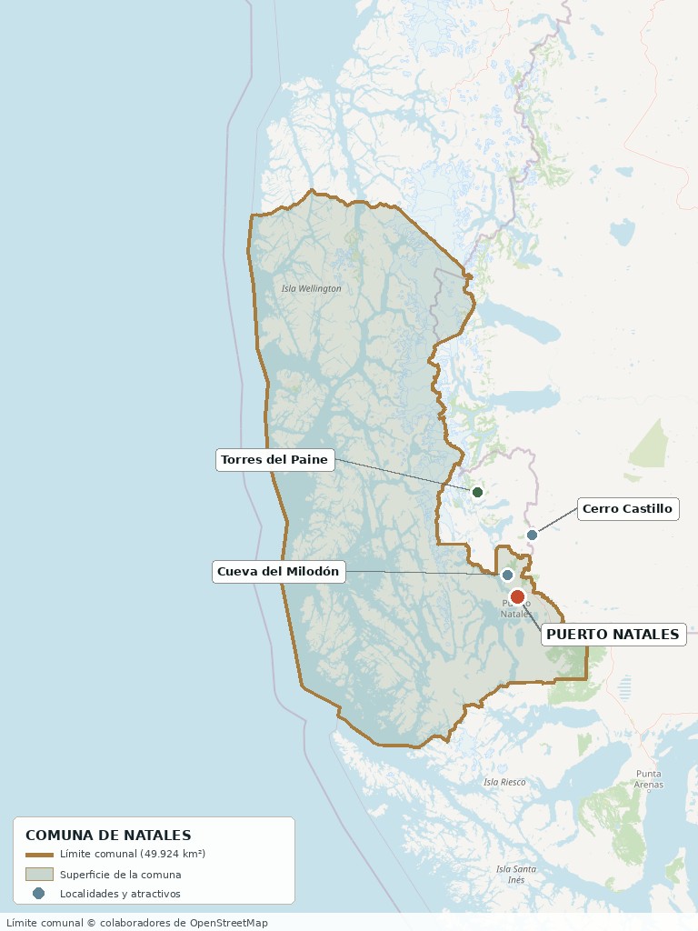 Plano de la comuna de Natales: límite comunal, ciudad de Puerto Natales y localidades de referencia