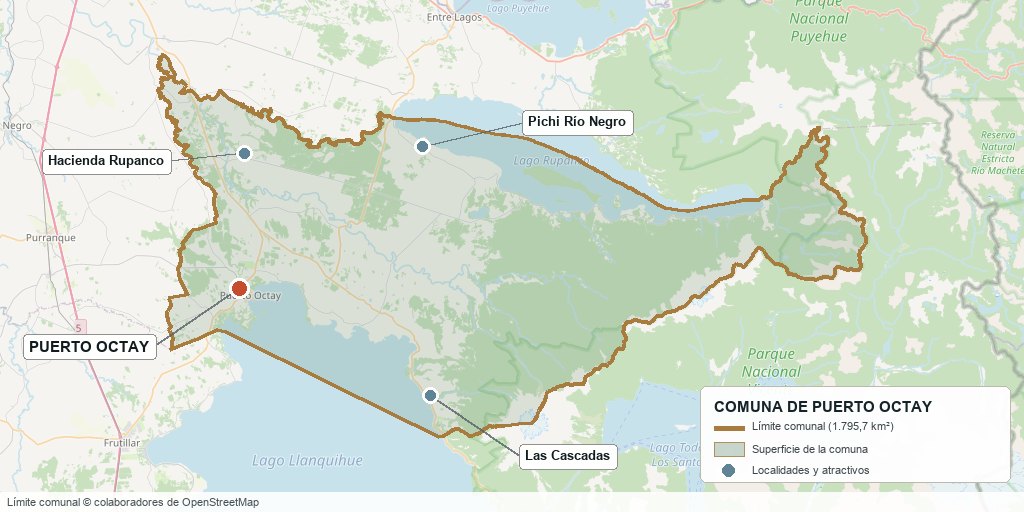 Plano de la comuna de Puerto Octay: límite comunal, área urbana y localidades de referencia