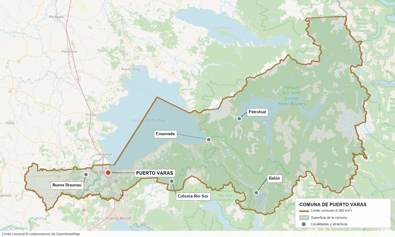 Plano de la comuna de Puerto Varas: límite comunal, área urbana y localidades de referencia