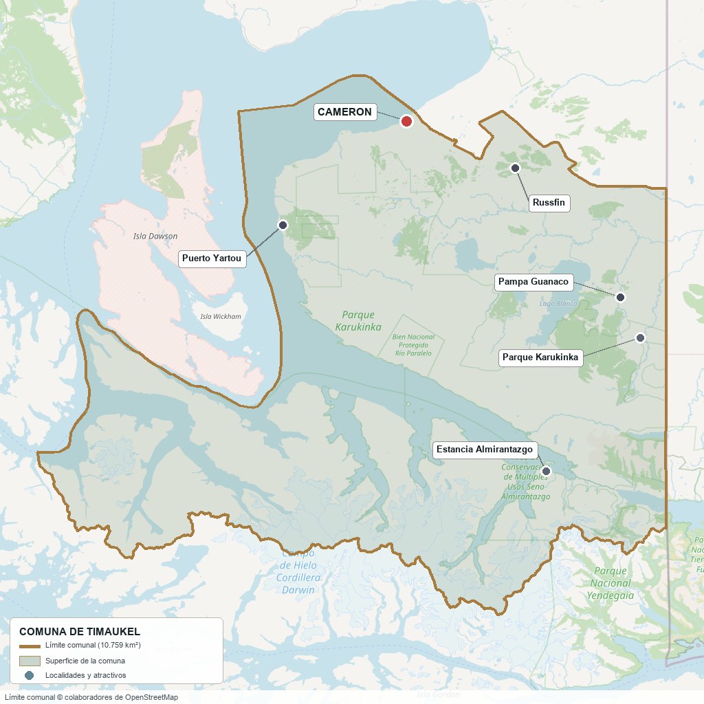 Plano de la comuna de Timaukel: límite comunal, capital y sectores de referencia, desde Bahía Inútil hasta la cordillera Darwin (la Isla Dawson, al poniente, es de la comuna de Punta Arenas)